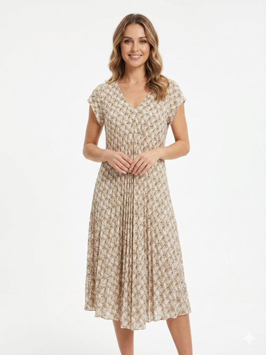 80385 YAPRAK DESEN KISA ELBİSE BEJ