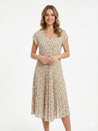 80385 YAPRAK DESEN KISA ELBİSE BEJ