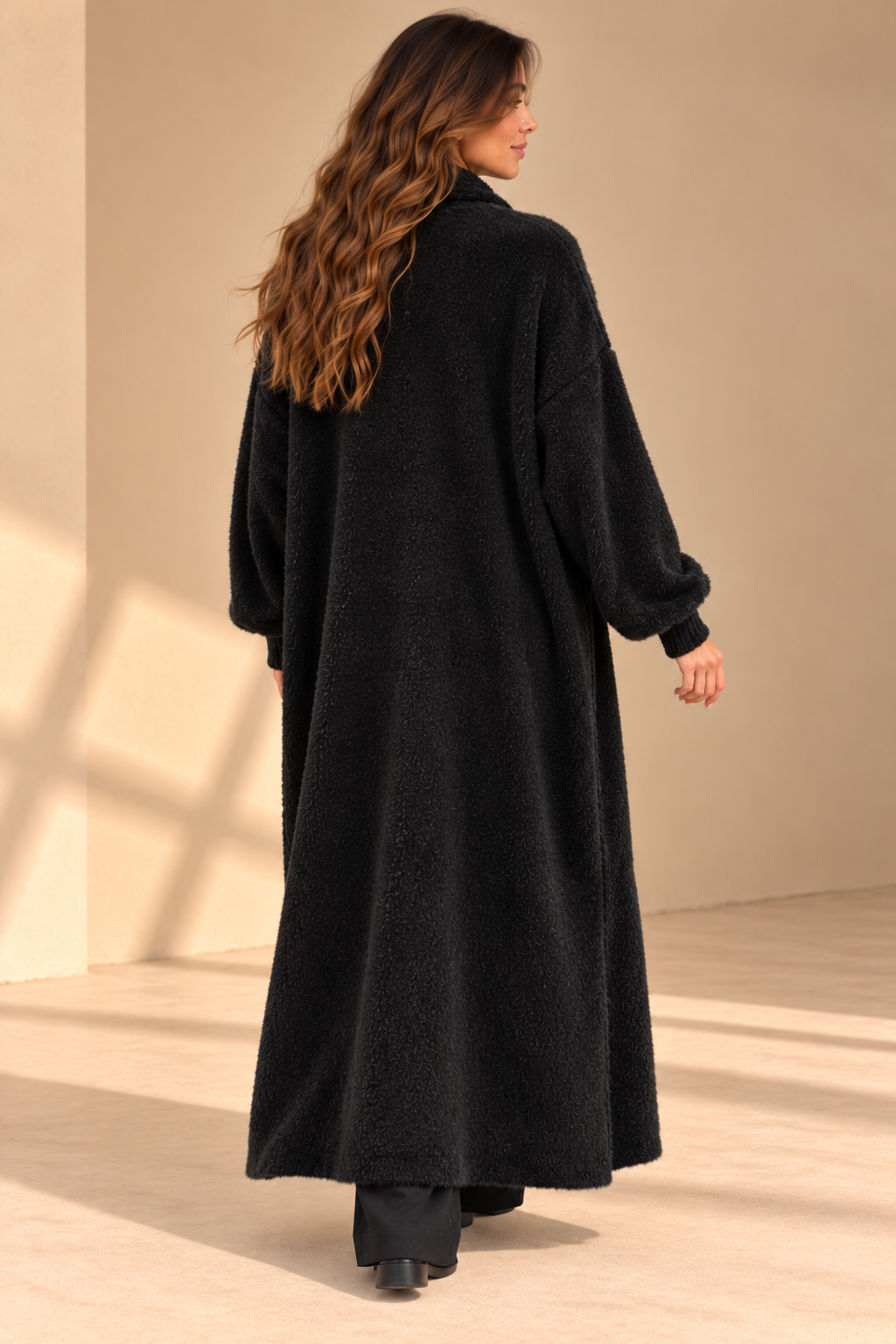 A92476 İTALYAN ANGORA DOKULU UZUN HIRKA SİYAH