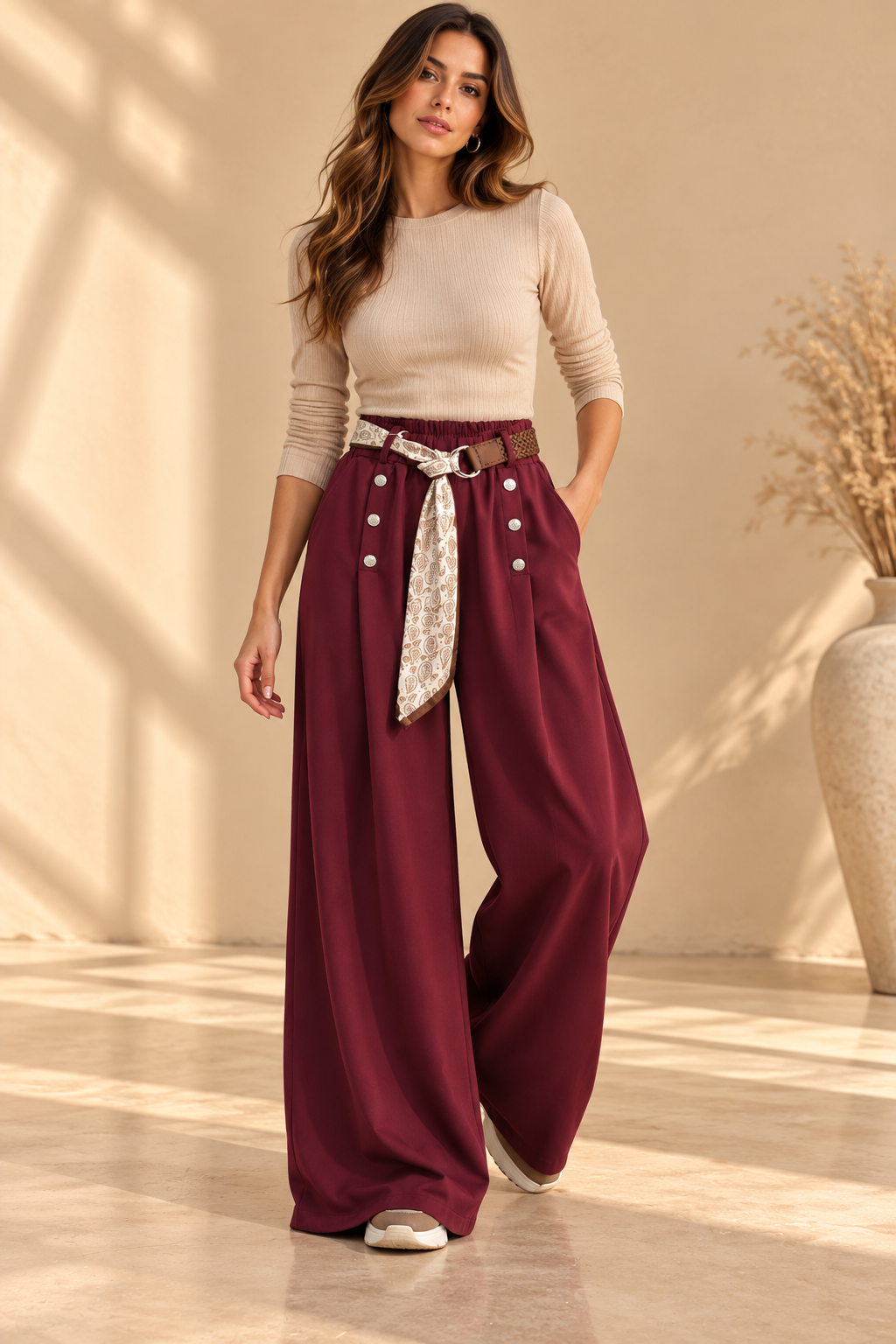 9425023 İTALYAN OYSHO KUMAŞ DÜĞMELİ PANTOLON BORDO