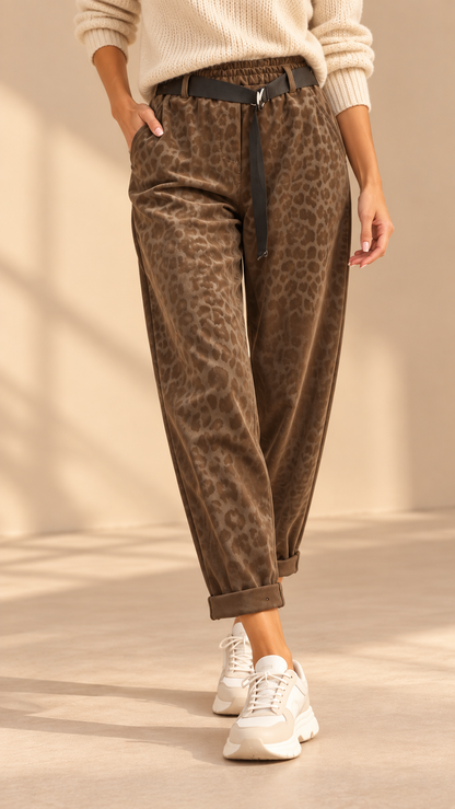 92272 LEOPAR DESEN SUNİ DERİ PANTOLON KAHVERENGİ