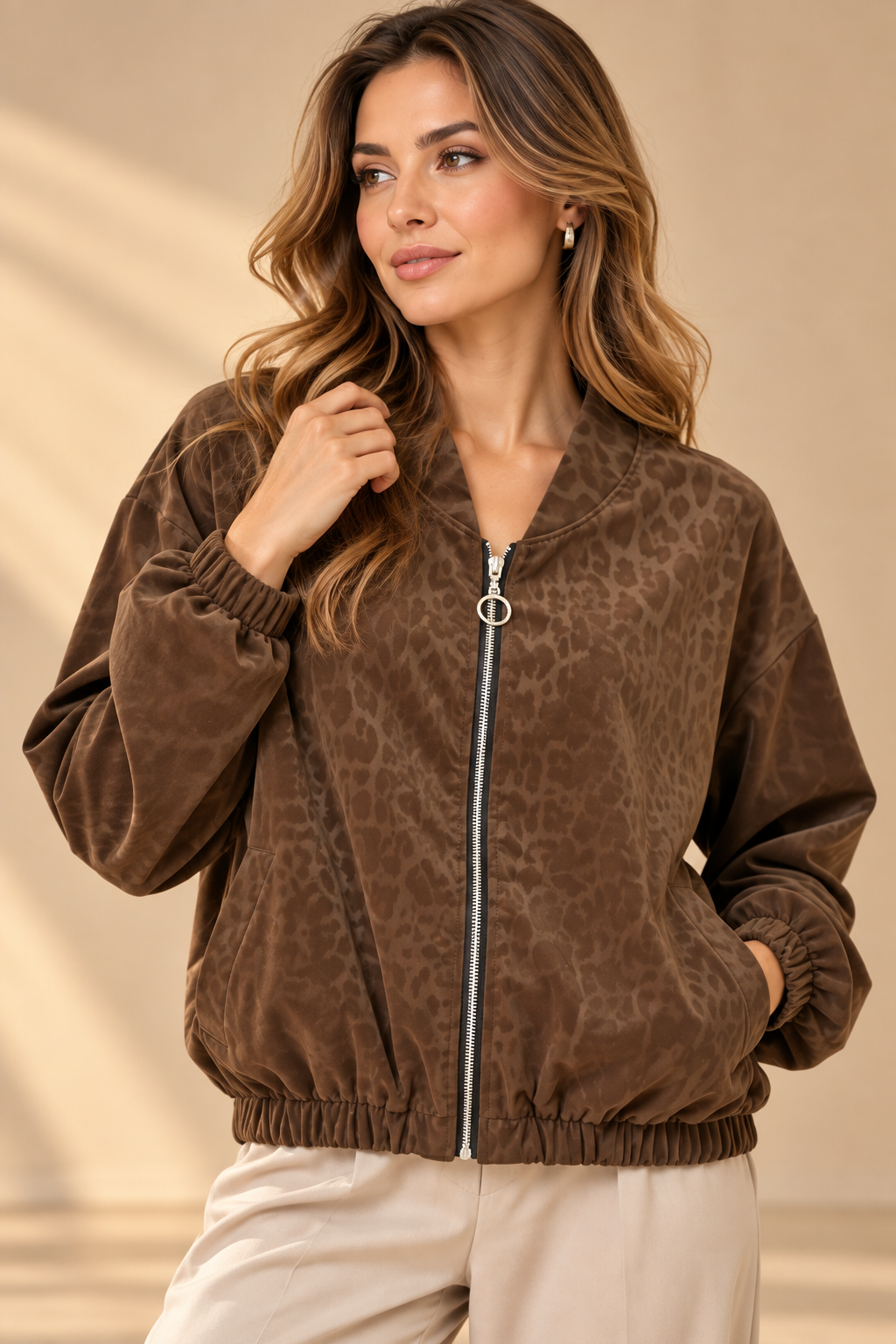 9056454 İTALYAN SUNİ DERİ LEOPAR DESEN CEKET KAHVERENGİ