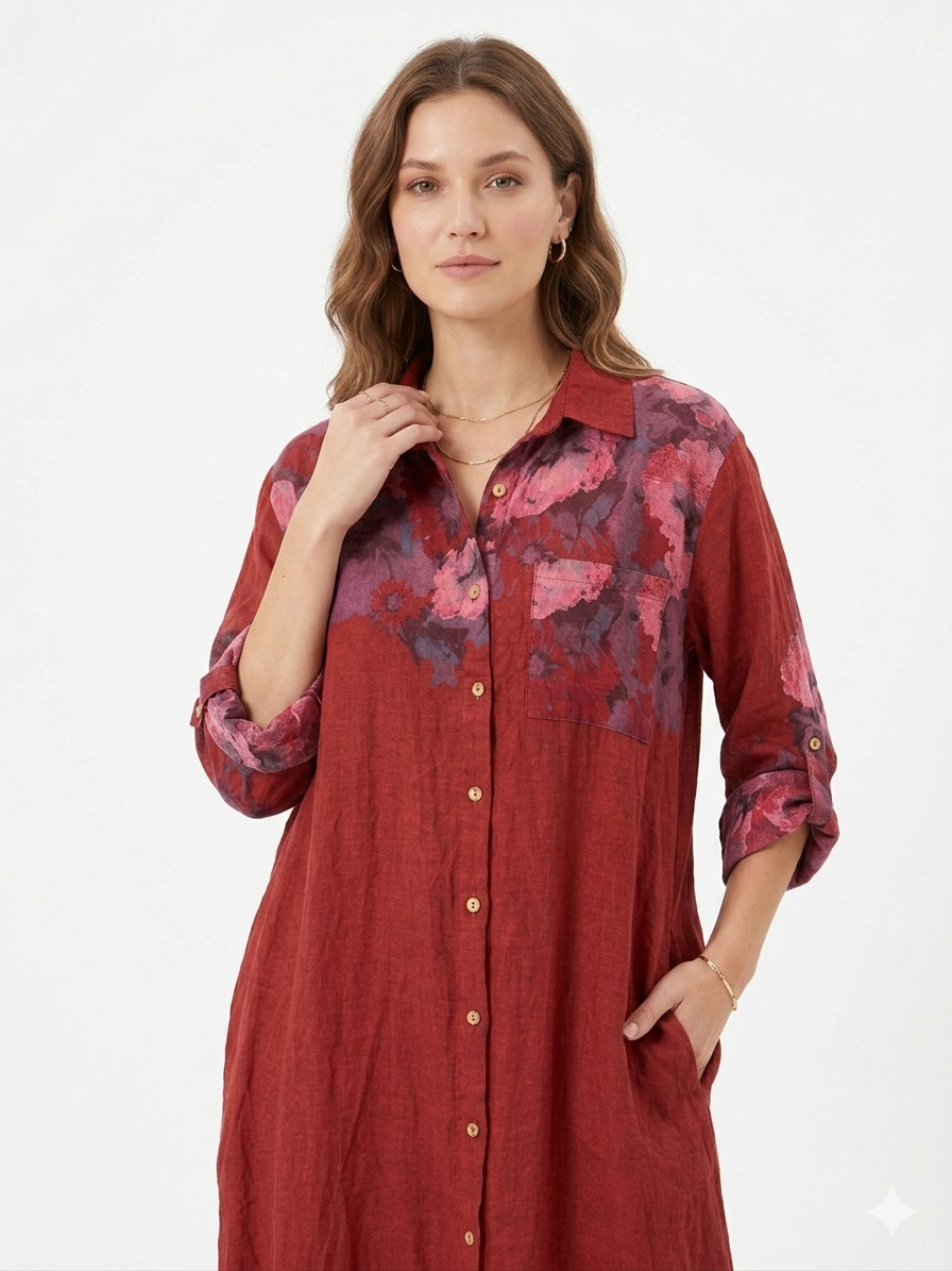 88701 ITALY KETEN GÖMLEK ELBİSE BORDO