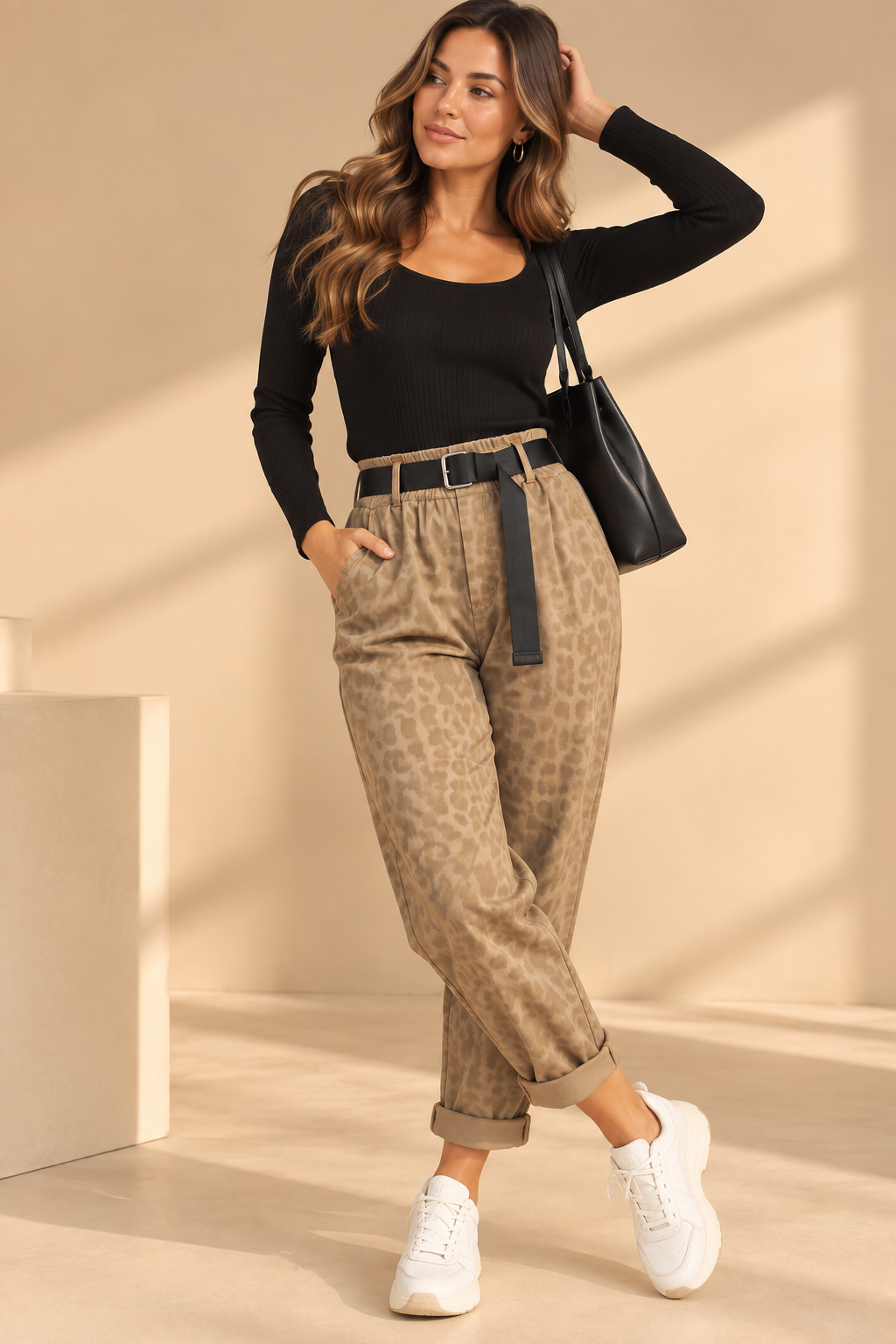 92272 LEOPAR DESEN SUNİ DERİ PANTOLON BEJ