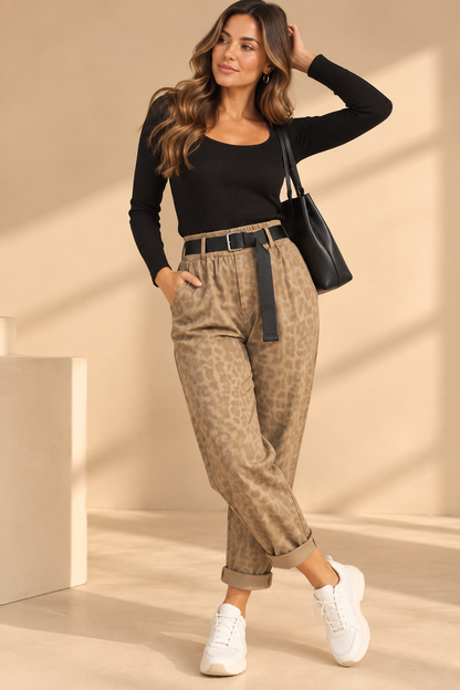 92272 LEOPAR DESEN SUNİ DERİ PANTOLON BEJ