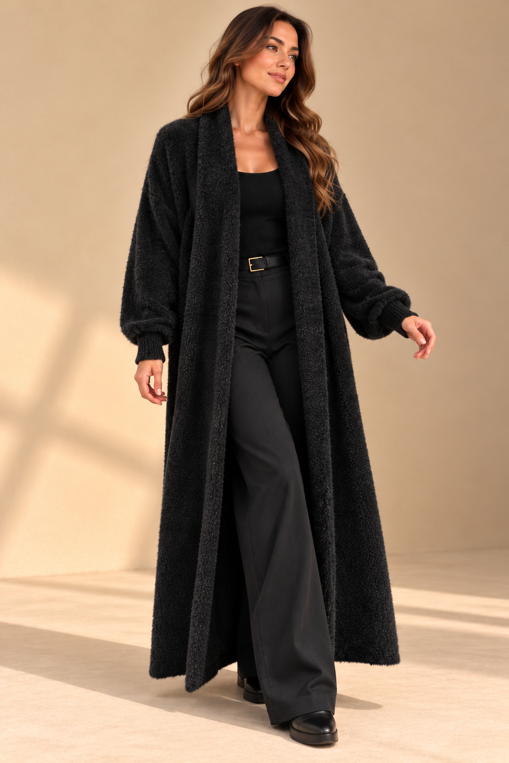 A92476 İTALYAN ANGORA DOKULU UZUN HIRKA SİYAH