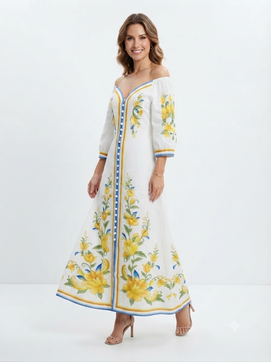 93897 SARI ÇİÇEK DESENLİ ELBİSE