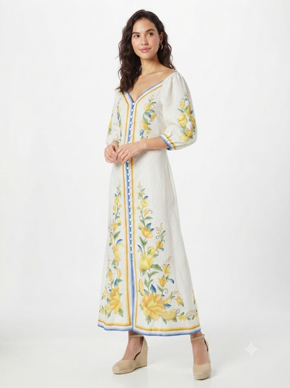 93897 SARI ÇİÇEK DESENLİ ELBİSE