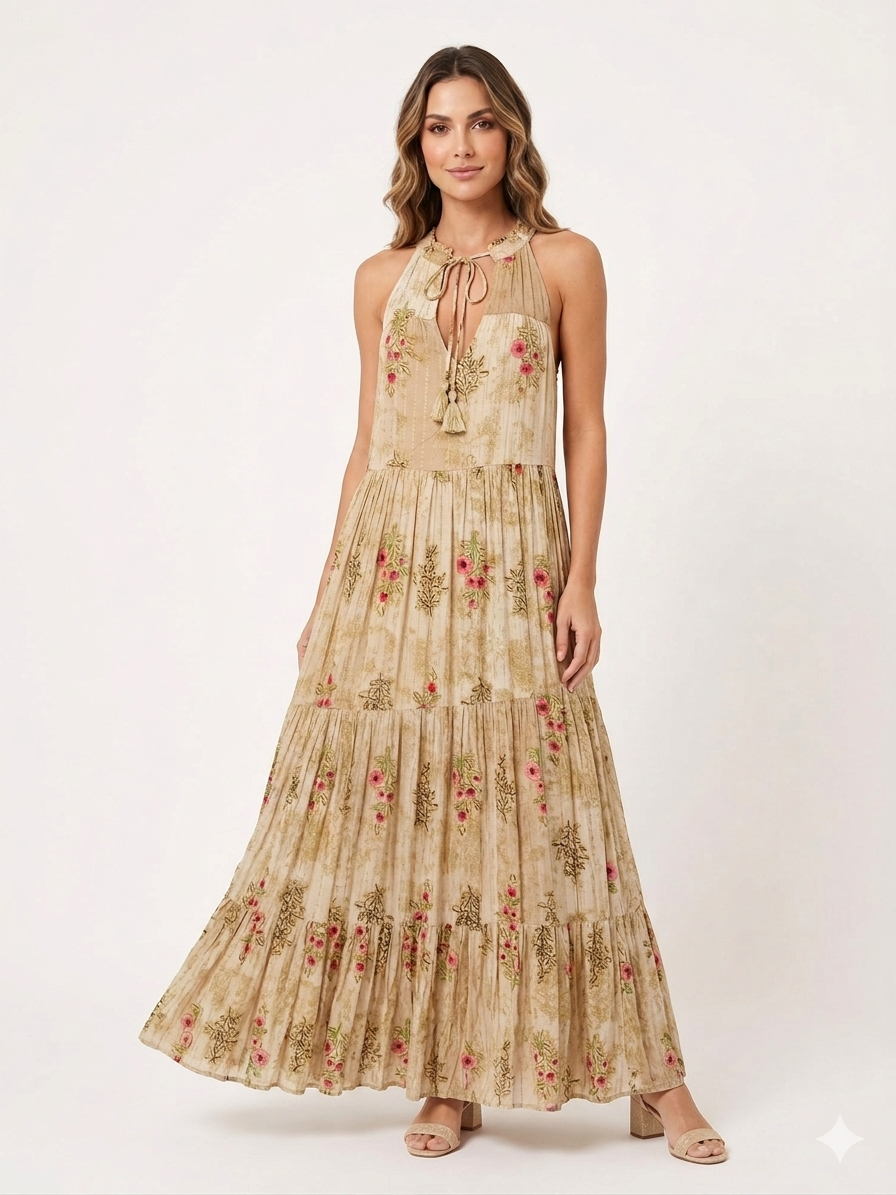 89586 ETNİK DESEN HİNT ELBİSE KREM