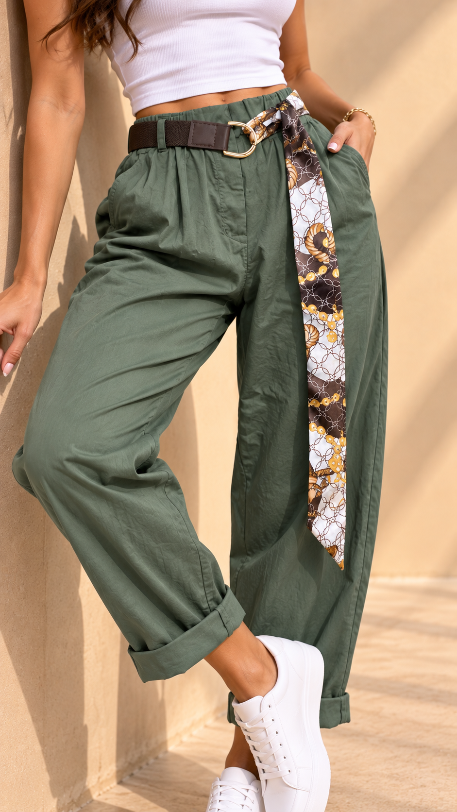 4704535 İTALYAN ŞAL KEMERLİ HAVUÇ PANTOLON YEŞİL
