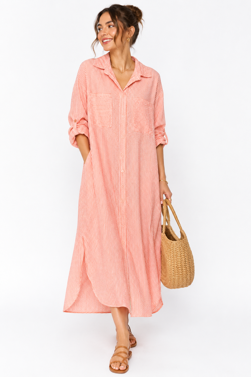 79587 ITALY ÇİZGİLİ GÖMLEK ELBİSE PEMBE